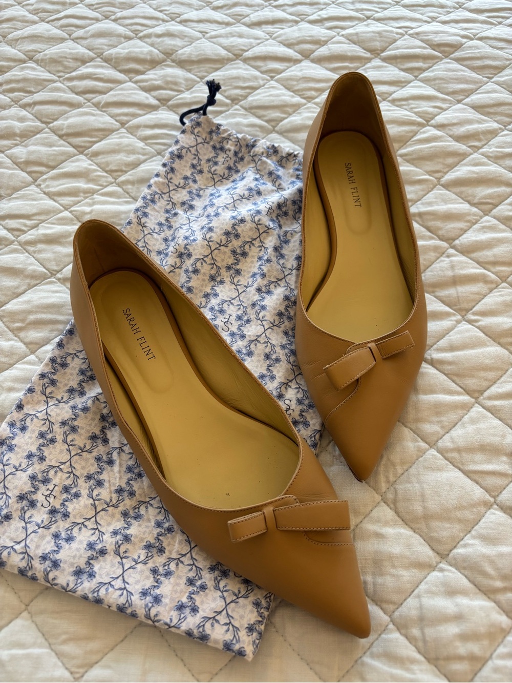 Sarah Flint Cognac Pointed-Toe Bow Flats